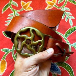 70s Vintage Hippie Large Brass Belt Buckle with original leather belt